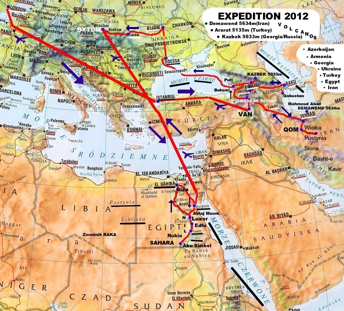 Mapa wyprawy, obejmująca także część afrykańską, o której nie pisałem dotychczas na blogu.