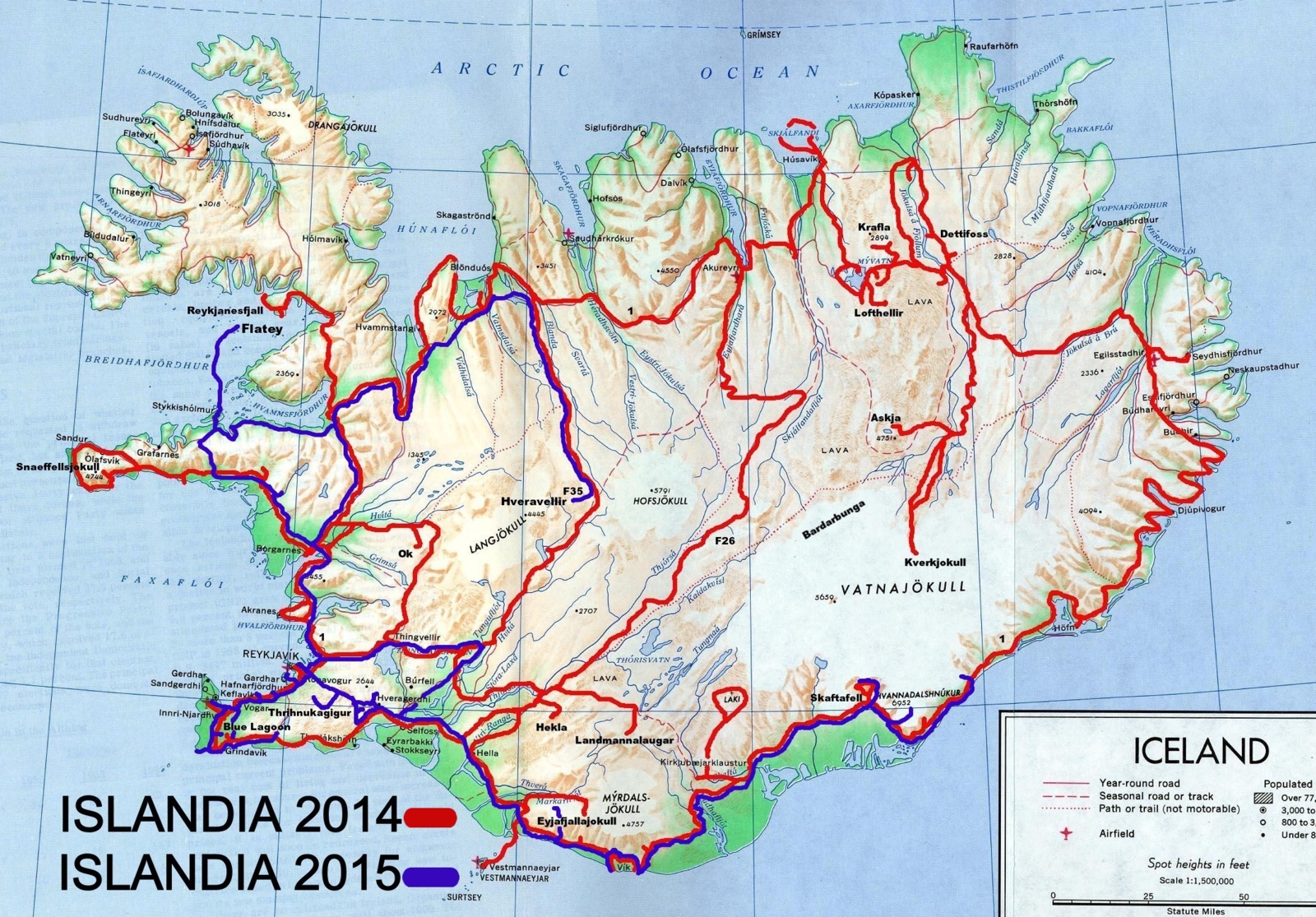 Islandia 2014 i 2015 - trasa przejazdu.