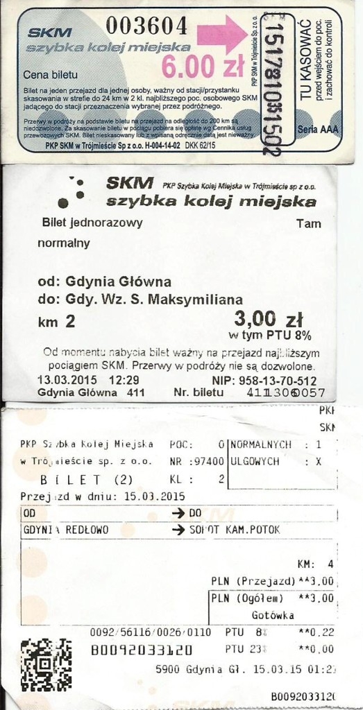 Bilet kupiony: w kasie (Gdynia-Gdańsk, do 24km), w biletomacie (2km), u konduktora (4km)