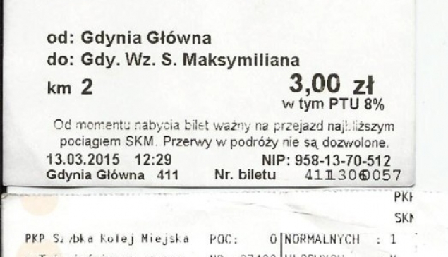 Bilet kupiony: w kasie (Gdynia-Gdańsk, do 24km), w biletomacie (2km), u konduktora (4km)