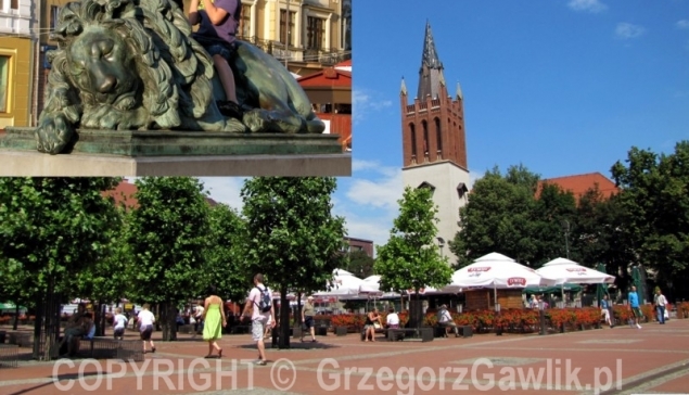Bytomski Rynek, w rogu herb Bytomia.
