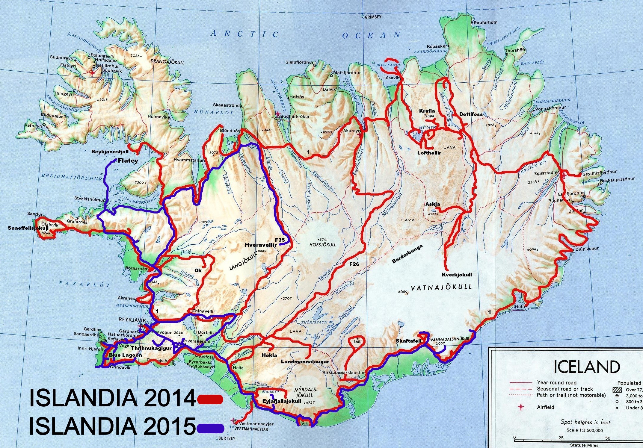 Islandia 2014 – MAPA. Na czerwono zaznaczona trasa przejazdu, niektóre odcinki pokonane zostały dwukrotnie.